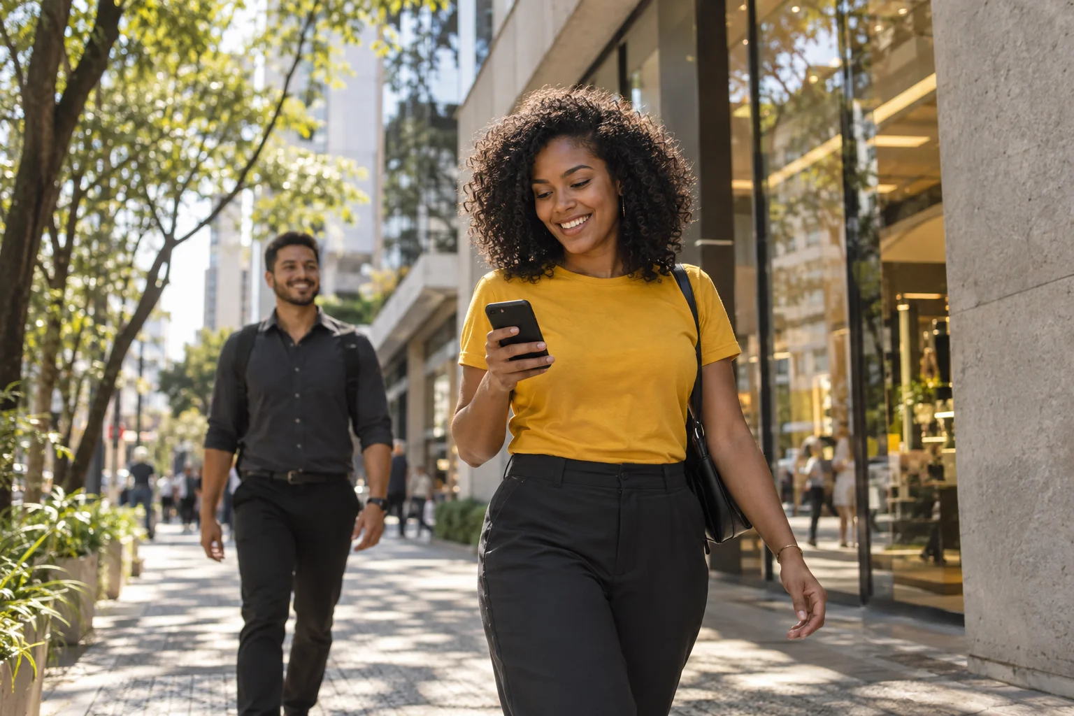 Profissional em movimento usando o celular em uma rua de São Paulo