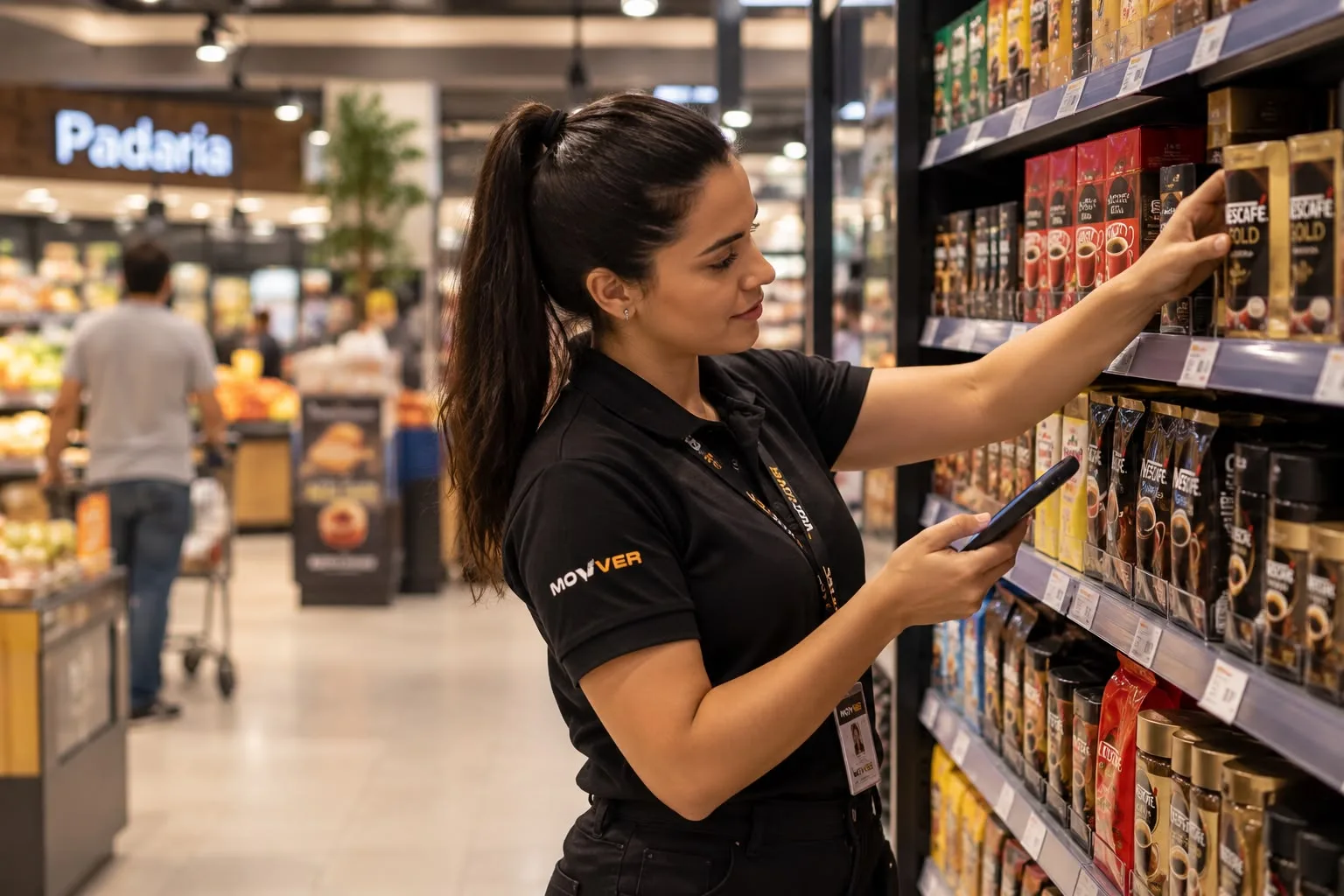 Promotora conferindo produtos na gôndola de uma padaria com o celular na mão