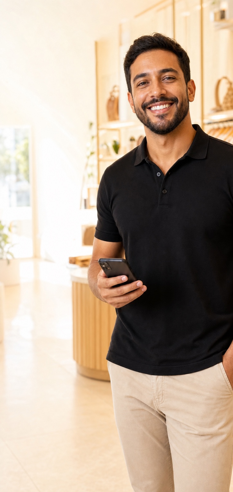 Profissional Movver sorrindo enquanto usa o celular